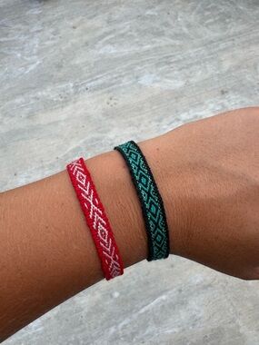 Handwoven Red and Teal Friendship Bracelets - Geometric Pattern